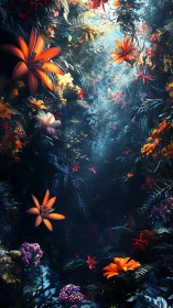 Dense floral composition with layered botanical forms and directional light.