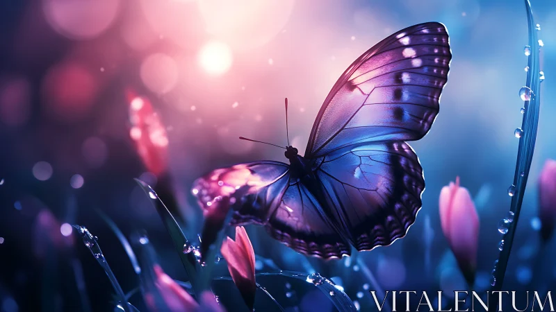 Vibrant blue butterfly resting on glowing garden flowers.