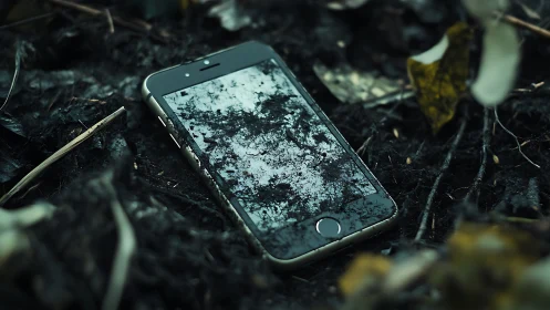 Smartphone lies on damp soil reflecting overhead tree branches