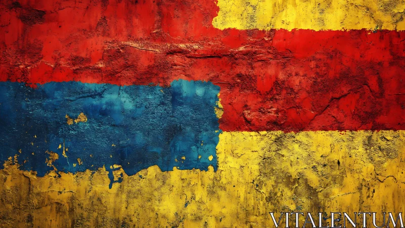 Textured wall with abstract tricolor paint in red, blue, yellow.