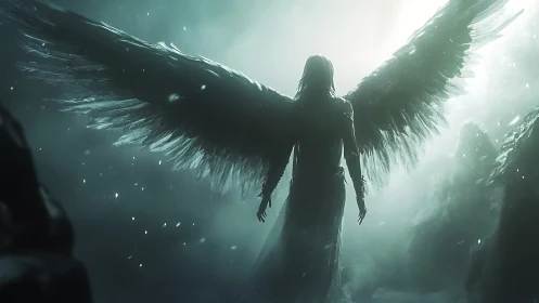 Backlit winged figure in volumetric mist with ethereal glow.