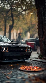 Midnight muscle car on wet cobblestone street with bokeh glow.