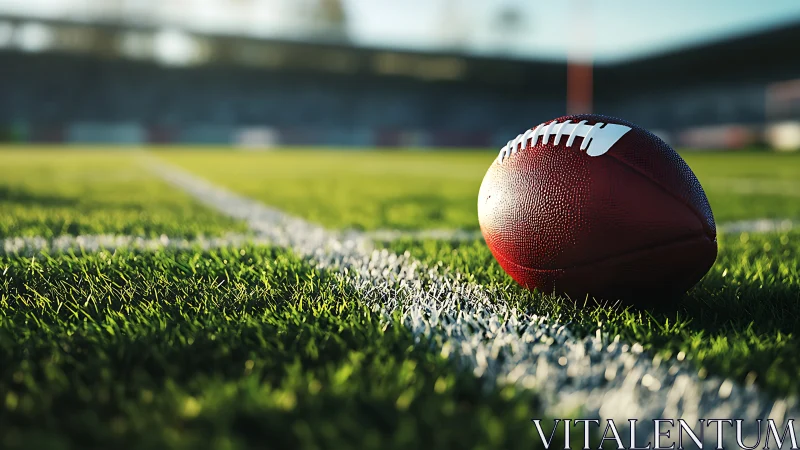 Football rests on sunlit turf near crisp yard line.