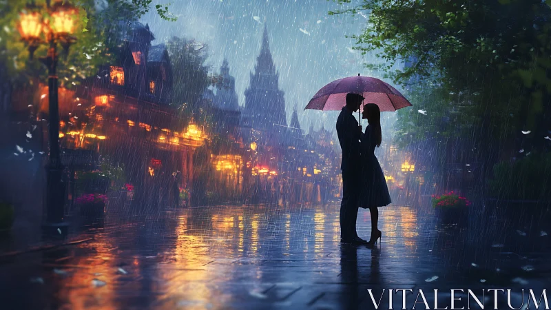 Two figures sharing an umbrella in a rain-soaked gothic city at night.