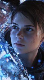 Young spacefarer wrapped in shimmering crystal light.