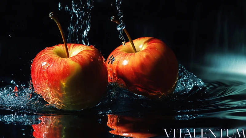 High-contrast macro capture of two red apples splashing in water