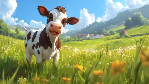 Playful calf standing in sunny green meadow landscape.