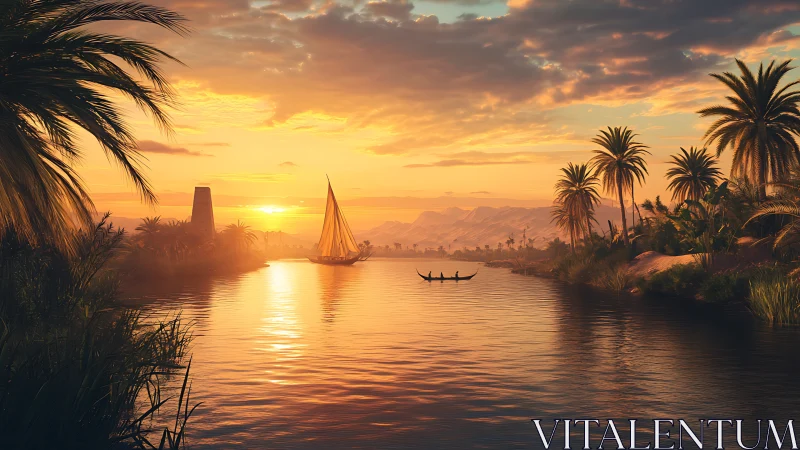 Sunset-sailed river cradles palm-bright desert silence