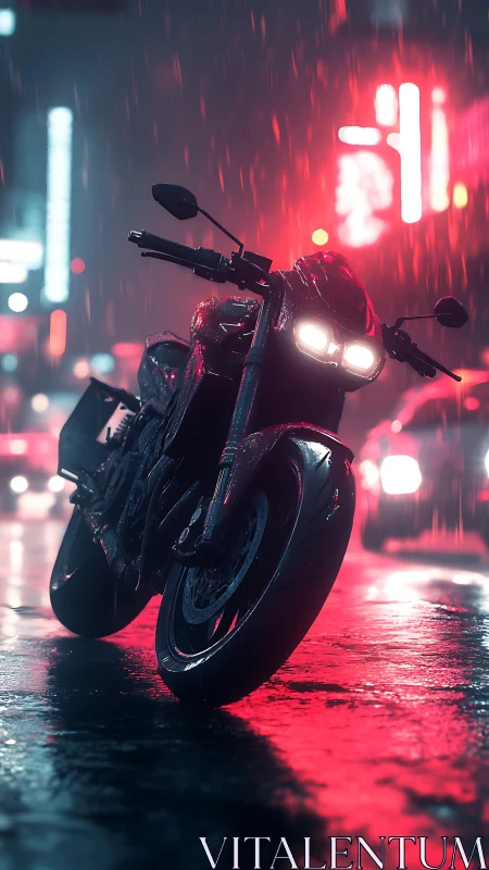 Sport motorcycle on wet neon street under night rain.