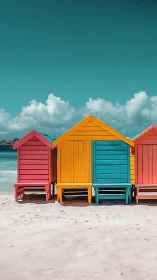 Vivid beach huts stand under clear turquoise coastal sky.
