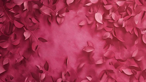 Monochrome leaves lie scattered on textured pink surface