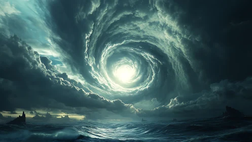 Stormlit sea swirls toward a glowing celestial vortex above
