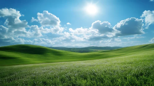 Radiant solar-lit grassland with rolling topographic contours.