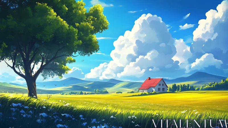 Rural house in open field under large clouds and tree.