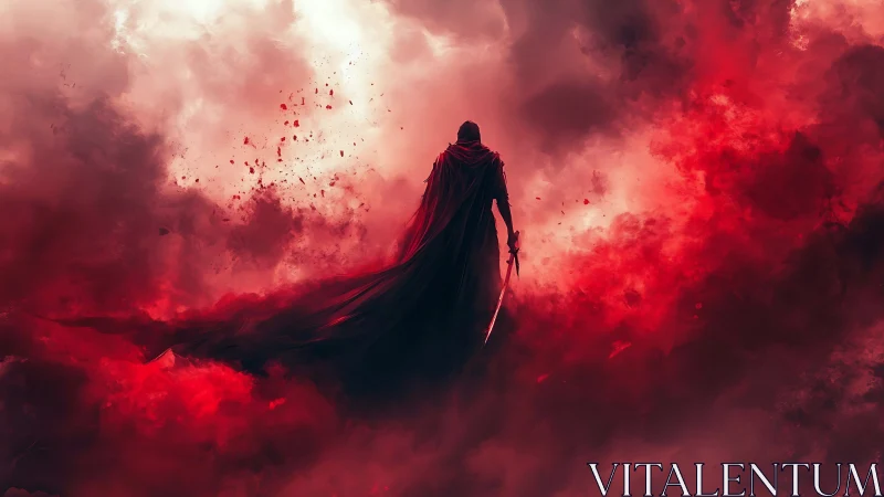 Lone cloaked warrior walks through swirling crimson storm
