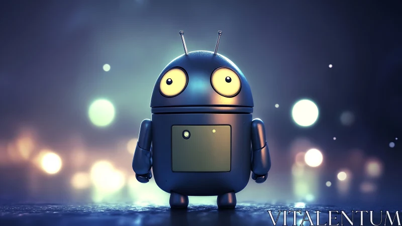 Bokeh-lit glossy toy robot standing on reflective wet surface