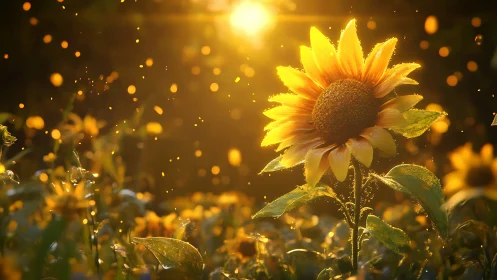 Sunflower in backlit field with particles and warm light.