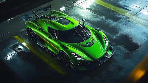 Electric green hypercar gleams under moody garage lights tonight