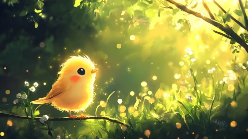 Sunlit fluffball songbird basking in golden forest glow.