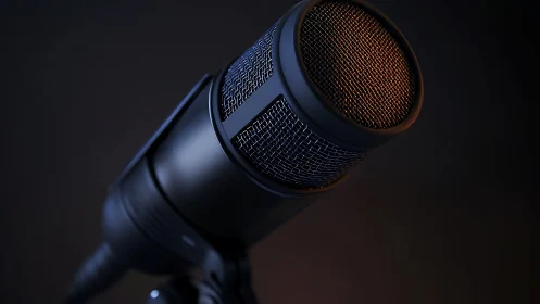 Professional condenser microphone against dark studio background