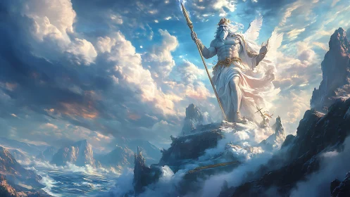 Storm god towers above celestial cliffs in radiant clouds.