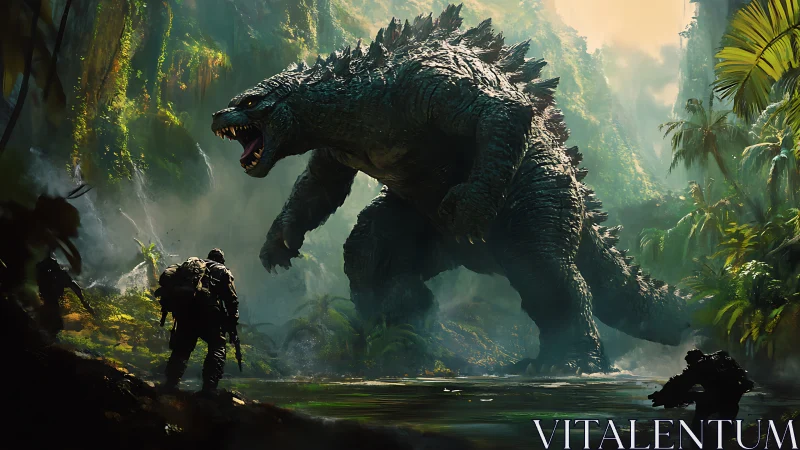 Giant reptilian kaiju confronts armed soldiers in jungle river.