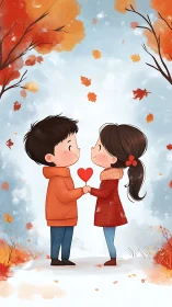 Two children exchanging red heart while standing beneath autumn trees