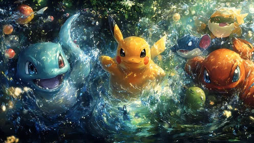 Joyful elemental creatures diving through sparkling water.