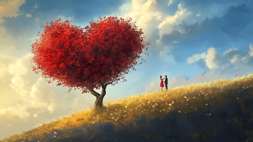 Heart-Shaped Red Tree on Golden Meadow.