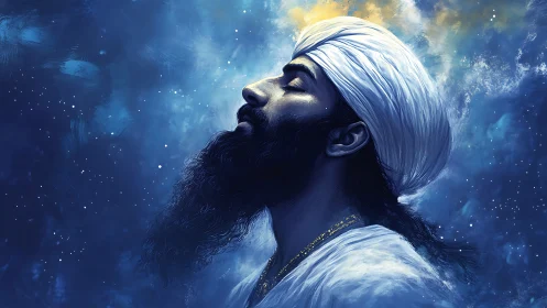 Serene turbaned man meditates under luminous night sky