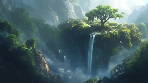 Misty Canyon Paradise with Majestic Waterfall.