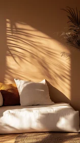 Sunlit minimalist sofa with cushions and botanical shadow play