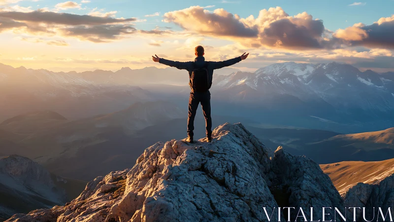 Figure stands on rocky summit observing distant mountain range