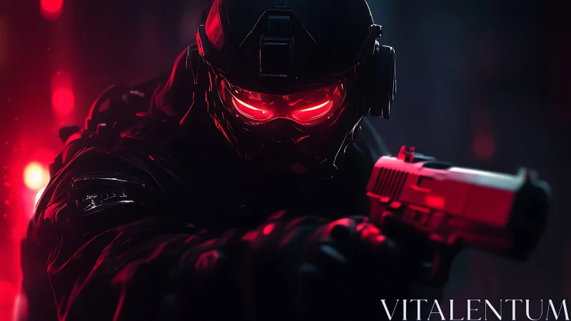 Armored cyber soldier aiming pistol in red neon light.