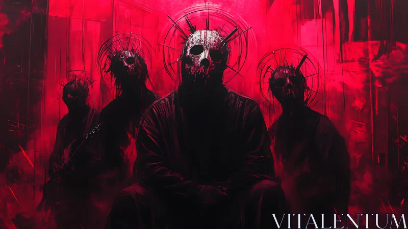 Masked figures in red-lit chamber with spiked halos.