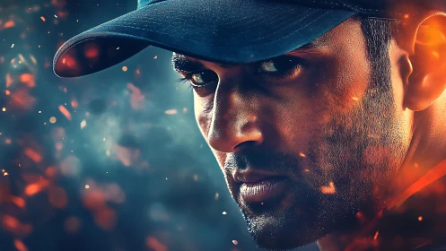 Intense athlete portrait blazes amid glowing embers and smoke