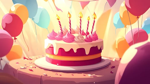Birthday Cake with Candles and Balloons in Festive Setting
