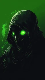 Hooded dark figure with glowing green eyes in shadow.