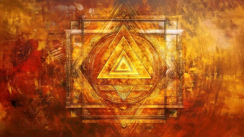 Golden sacred geometry mandala with radiant triangles.