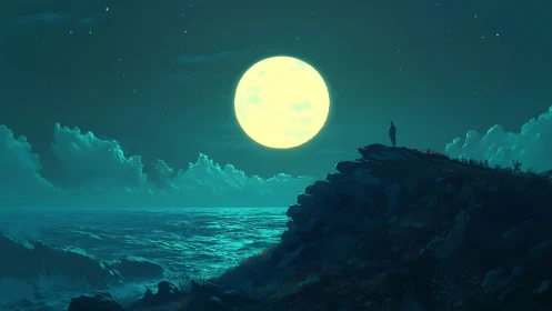 Solitary figure watches a luminous full moon over restless sea