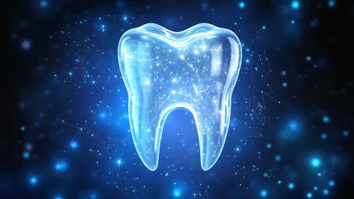 Translucent digital tooth glows with embedded starfield nodes