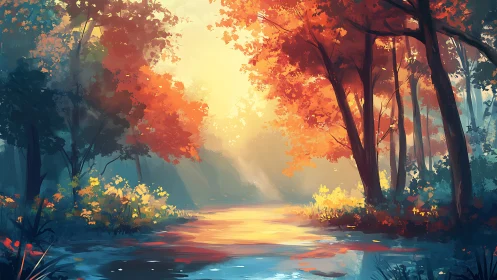 Woodland Stream with Autumn Foliage and Sunlight.