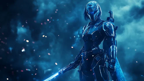 Armored cyber warrior with blue energy blade in smoke.