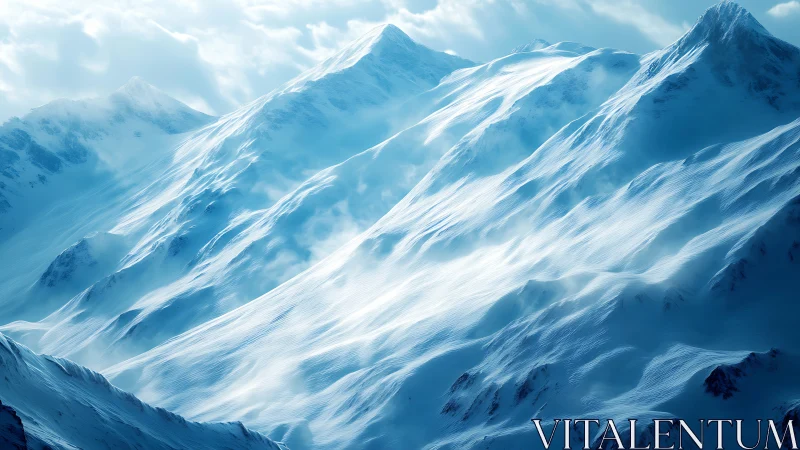 Sunlit alpine ridges swept by wind over icy slopes.