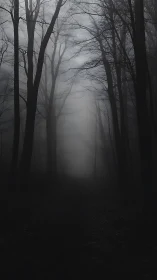 Dense fog in dark deciduous forest with obscured pathway.