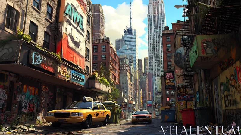 Yellow taxi cabs drive through a graffiti covered city alley