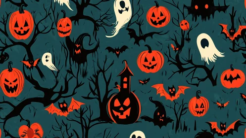 Halloween pumpkins, ghosts and bats in eerie pattern design.
