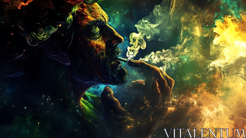 Profile of smoking figure rendered with vibrant swirling colors