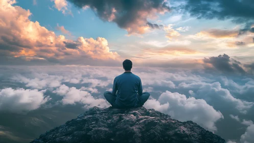Man sits on rocky mountain peak above dense cloud layer