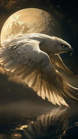 Luminous white eagle in nocturnal flight before full moon